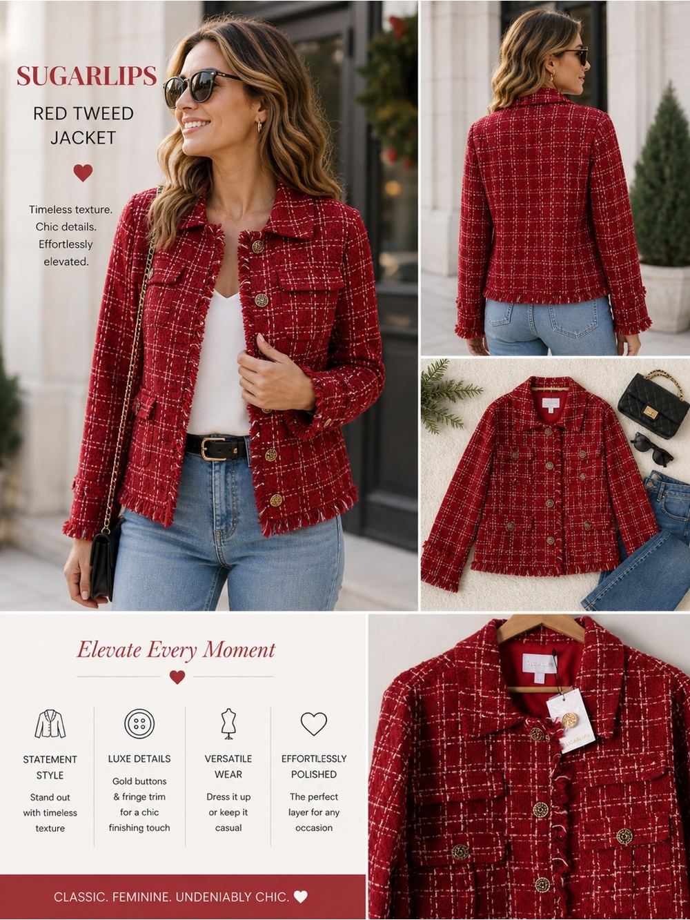 Sugarlips Red Tweed Fringe-Trim Button Jacket NWT Size L